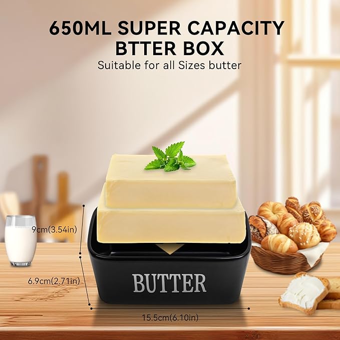 HOOMIL Ceramic Butter Dish with Lid - 650ml Large Capacity Airtight Butter Keeper Container Includes Butter Knife, Durable Stoneware Countertop Storage - Black