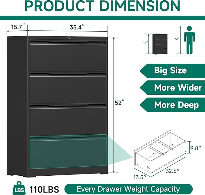 Metal Steel Filling Cabinets for Home Office - 4 Drawer Lockable Lateral File Cabinet for Hanging Files Letter/Legal/F4/A4 Size, Assembly Required - Black