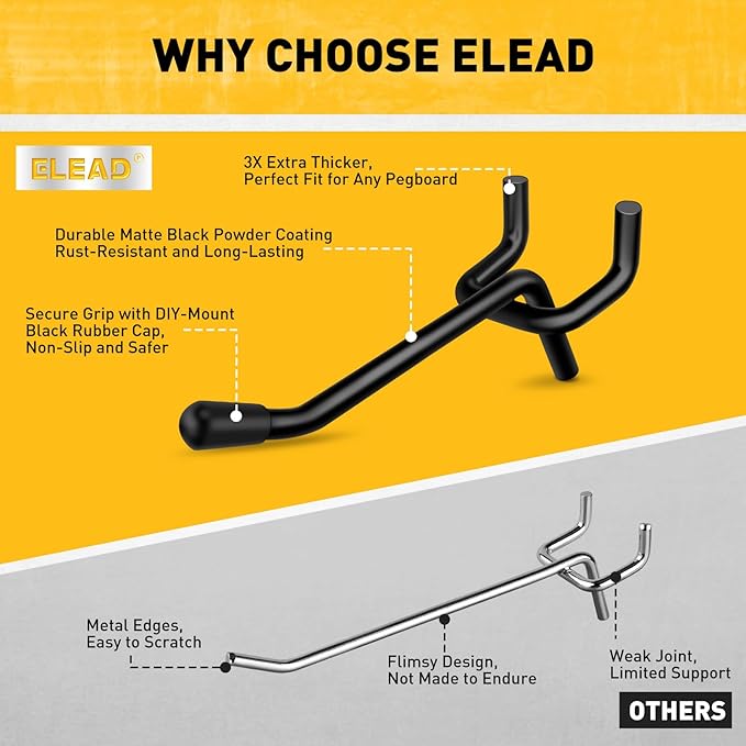 ELEAD 60-Piece 2 Inch Extra Thick Pegboard Hooks, Heavy Duty Peg Board Organizer Accessories, Peg Board Tool Hangers Fit for 1/4" Pegboard Hanging Tools Garage, Workshop, and Craft Storage