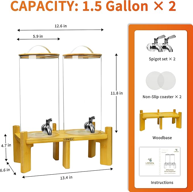 L'ÉPICÉA 1.5 Gallon Drink Dispenser for Parties 2 PCS, Beverage Dispenser Set of 2, Glass Drink Dispensers with Wood Stand, Large Drink Dispenser with Stainless Steel Spigot 100% Leakproof, Wood Lid.