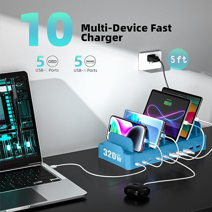 320W Charging Station for Multiple Devices, Zobirez 10-Port USB C Fast Charger Stations for MacBook, iPhone, Android Cell Phone, iPad, Tablet, Family Multi-Device Organizer Charging Dock, Blue