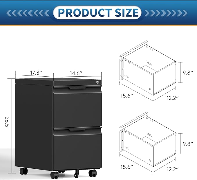 2 Drawer File Cabinet with Lock,Rolling Vertical File Cabinets for Home Office,Small Metal Filing Cabinet Office Drawers Under Desk for A4-Size/Letter-Size/Legal-Size- Assembly Required/Black