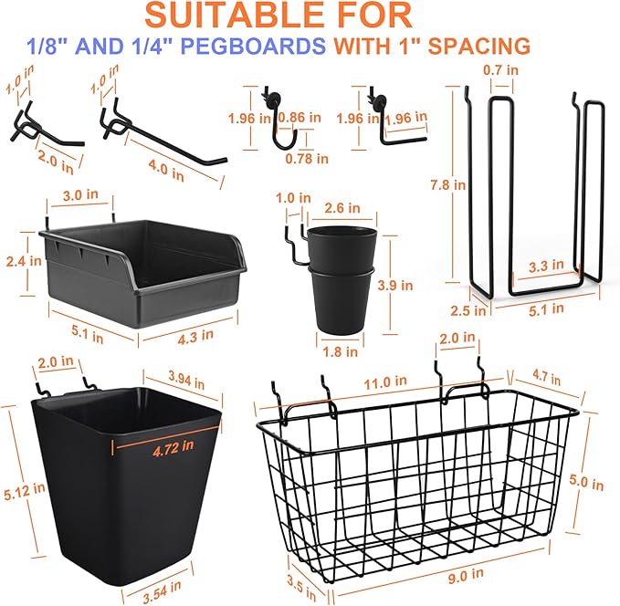 Pegboard Basket Organizers, Peg Board Large Baskets Hooks Bins Cups Tool Organizer 42 Pack Set, Wall Storage Display Hanging Accessories for Craft Office Stadio Shed Garage Organization (Black)