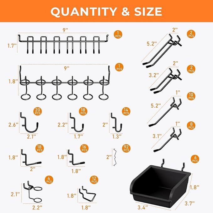INCLY 220PCS Extra Thick 1/4" Pegboard Accessories Organizer Kit, Heavy Duty Black Pegboard Hooks with Bins and Peg Lock, Peg Board Hooks Assortment for Garage Wall Attachments Hanging Tools