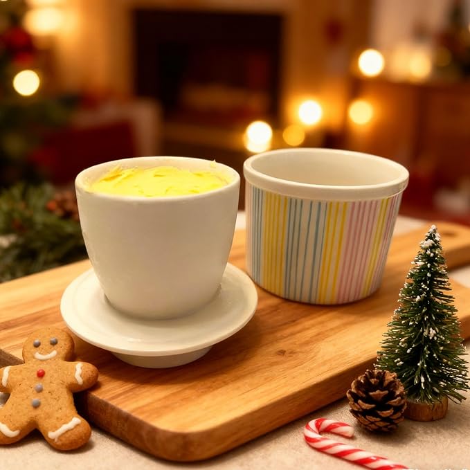 Butter Crock with Lid for Countertop, Butter Keeper Crock with Water, French Butter Dish Ceramic, Butter Holder with Lid for Spreadable Butter, Butter Container for Counter (Pastel Stripes, white)