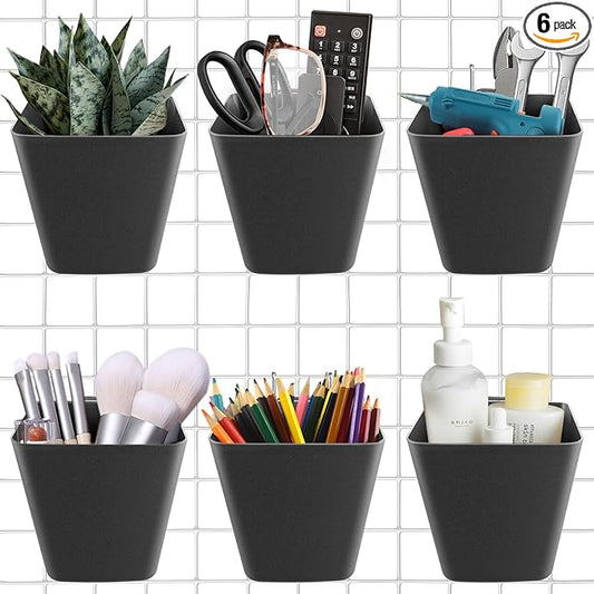 G.CORE Large Grid Wall Bins - 6Pack Black Gridwall Accessories Hanging Cups with Back Hooks - Plastic Grid Wall Panels Organizers Wire Shelves Holders for Garage Garden Craft Office Tools Storage