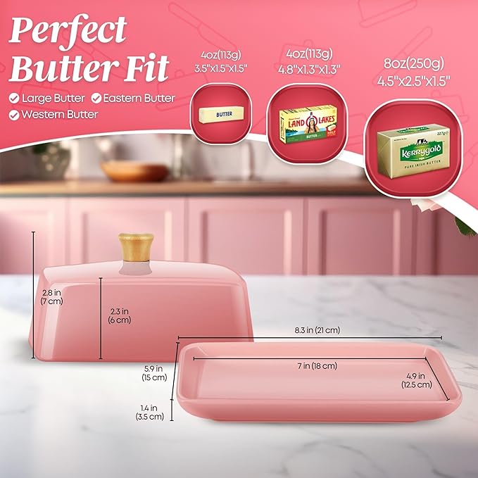 Flexzion Ceramic Pink European Butter Dish with Lid for Countertop (8 Inch) - Wide 2 Stick Double Butter Holder for Counter, Cream Cheese Container Storage Keeper