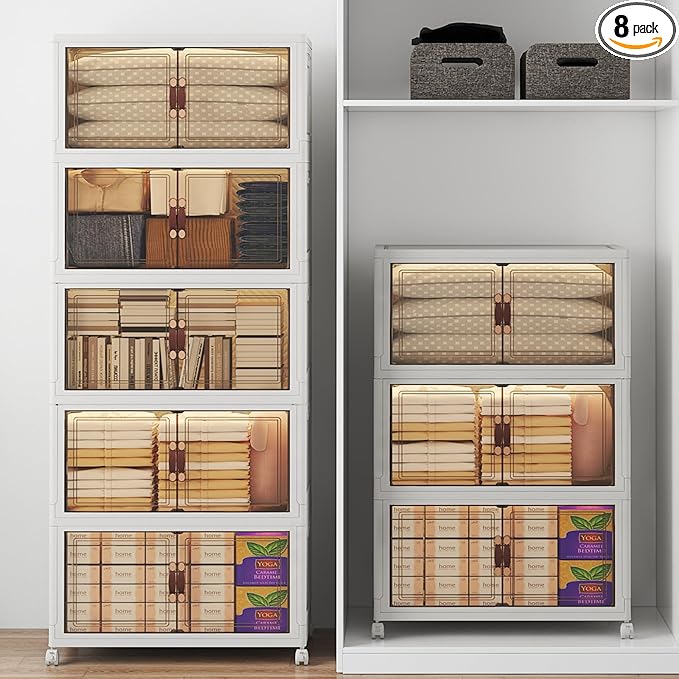 960Qt Stackable Storage Bins with Lids, 8 Pack Large Collapsible Bins with Wheels, Plastic Cabinet with Doors, Foldable Closet Organizers and Storage for Home, Dorm, Office, White