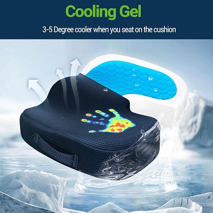 Gel Seat Cushion for Car Office - Memory Foam Pain Relief Chair Pillow Cushions - Tailbone Sciatica Coccyx Butt Lumbar Support Pad for Sitting Driving Traveling, Mesh, Blue