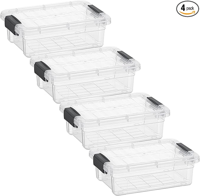 Superio Clear Storage Boxes with Lids, 1.27 Quart Plastic Container Bins for Organizing, Stackable Crates, BPA Free, Non Toxic, Odor Free, Organizers for Home, Office and Dorm, 4 Pack