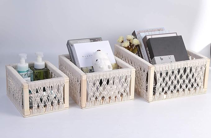 Macrame Baskets for Storage Set of 3, White Decorative Storage Bin for Living Room, Perfect Pampas Grass Holder