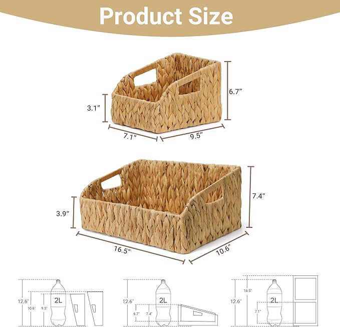 Pantry Organizers, Wicker Baskets for Organizing with Handles, Handwoven Wicker Storage Basket, Water Hyacinth Storage Bins Baskets for Shelves, Boho Decoration, 3 Pack,Natural