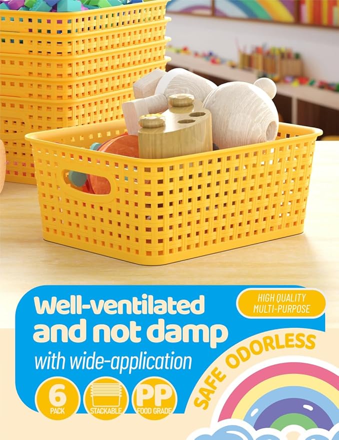 WYT 6-Pack Plastic Small Shelf Storage Weave Baskets Organizing for Cabinets and Pantries, Yellow