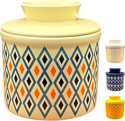 Butter Crock with Lid for Countertop, Butter Keeper Crock with Water, French Butter Dish Ceramic, Butter Holder with Lid for Spreadable Butter, Butter Container for Counter (Retro Diamond, Ivory)