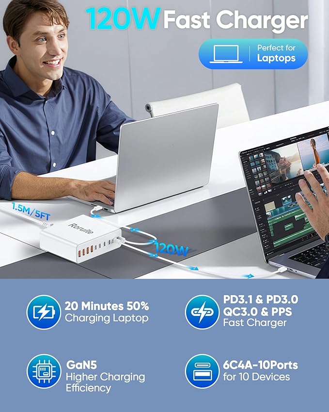 800W USB Charging Station, 120W PD GaN5 Super Fast USB C Charger Block-10 Port, Type C for PC Laptop MacBook Pro/Air Charger Compatible with iPhone 17 16 15 14 13 12 Pro Max, iPad, Galaxy