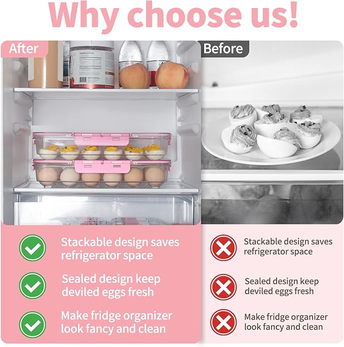 Deviled Egg Containers with Lid and Handle, Durable Clear Plastic Deviled Egg Carrier Storage 24 Eggs, Stackable Egg Holder for Fridge, Portable Tray Platter for Party & Picnics-1 Pack Pink