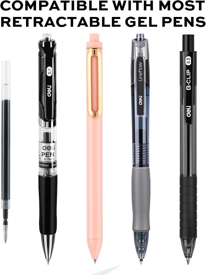 deli Gel Pen Refills, 60 Pcs Retractable Pen Refills Black Ink, Medium Point 0.7mm, Smooth Writing, Fast Dry, No Bleed for Journaling Note Taking, Home School Office Supplies