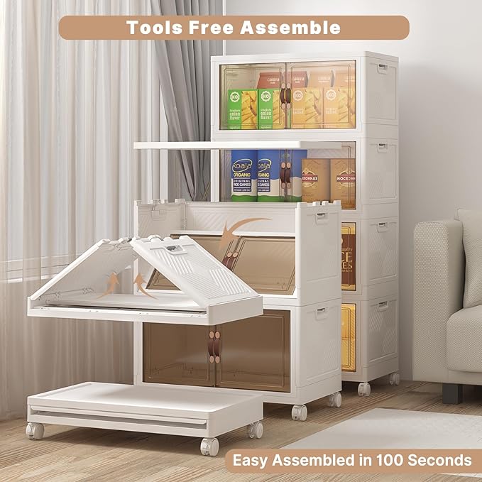 Extra Large Stackable Storage Bins with Lids & Wheels, Foldable Collapsible Closet Organizers Storage Cabinet with Doors for Bedroom Dorm (White, 480QT-120QT/30GAL*4Pack)