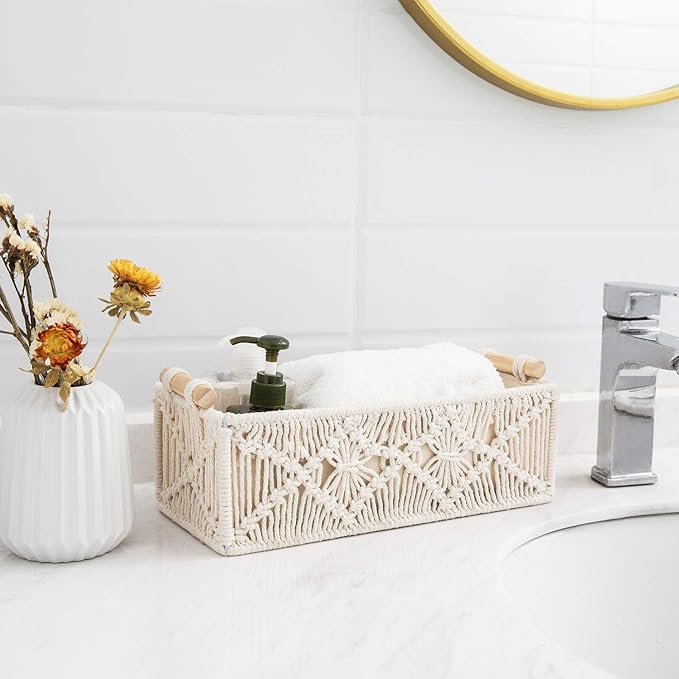 Mkono Macrame Storage Baskets Boho Decor Box Handmade Woven Decorative Countertop Toilet Tank Shelf Cabinet Organizer for Bedroom Livingroom Home, Set of 2, Ivory