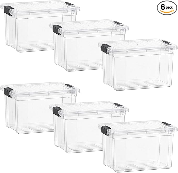 Superio Clear Storage Boxes with Lids, 49 Quart Plastic Container Bins for Organizing, Stackable Crates, BPA Free, Non Toxic, Odor Free, Organizers for Home, Office and Dorm, 6 Pack