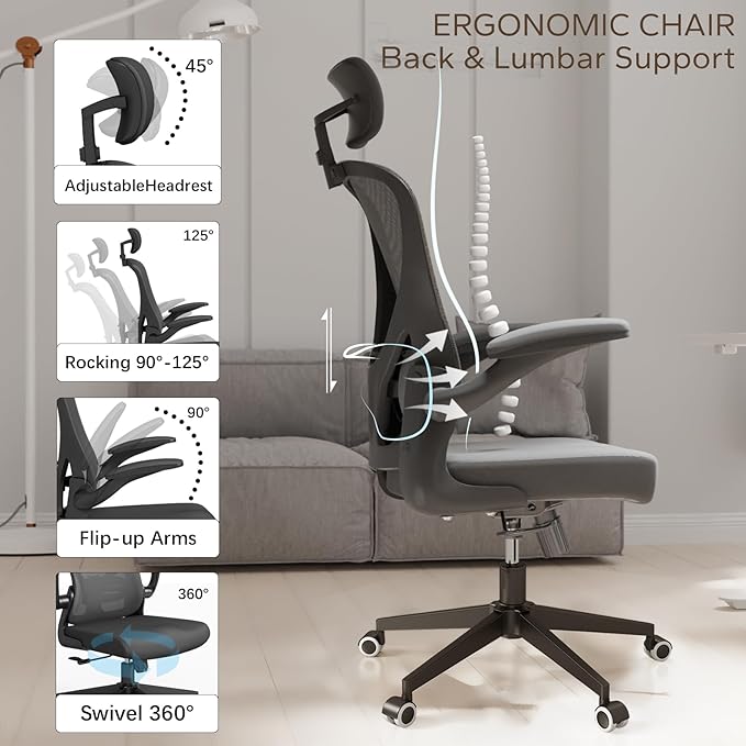Ergonomic Office Chair with Adjustable Lumbar Support & Flip-Up Armrests - High Back Computer Desk Chair with Thickened Seat Cushion, Rolling Wheels for Home/Office Study Work