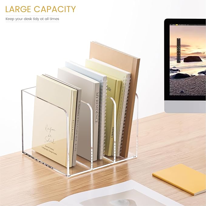 Acrylic Magazine Holder,Clear Desk Organizer with 3 Vertical Compartments,Magazine File Holder Sorter Rack Workspace Organizers for Home Office & Classroom(B5)