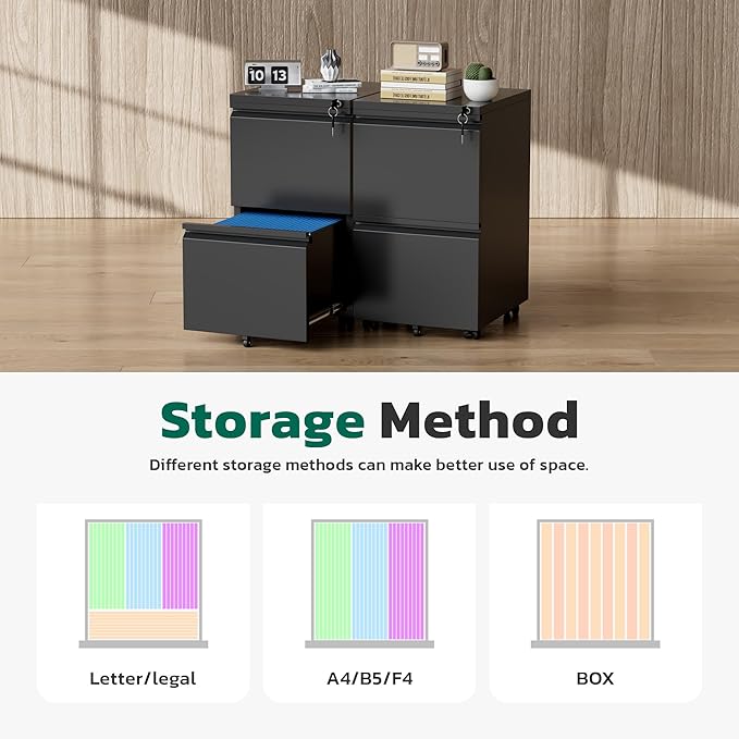 Greenvelly 2 Drawer Mobile File Cabinet with Lock, Metal Filing Cabinet on Wheels, Under Desk File Cabinet for Home Office Organizer Letter/Legal/A4 File (Assembly Required, Black)