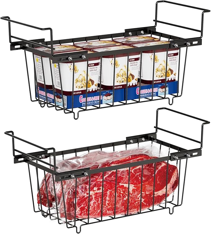 iSPECLE Freezer Organizer Bins - Fit 7 Cu.Ft Chest Freezer, Expand from 15.8" to 18.1" (L) Deep Freezer Organizer Bins, 2 Pack Small Hanging Freezer Baskets for Chest Freezer, Black