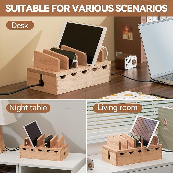 KIRIGEN Wood Charging Station Rack Organizer for Multiple Devices Desktop Organizer with 5 Ports for Cell Phones, Tablets, Earphones Wooden Cable Management DDXH-NA