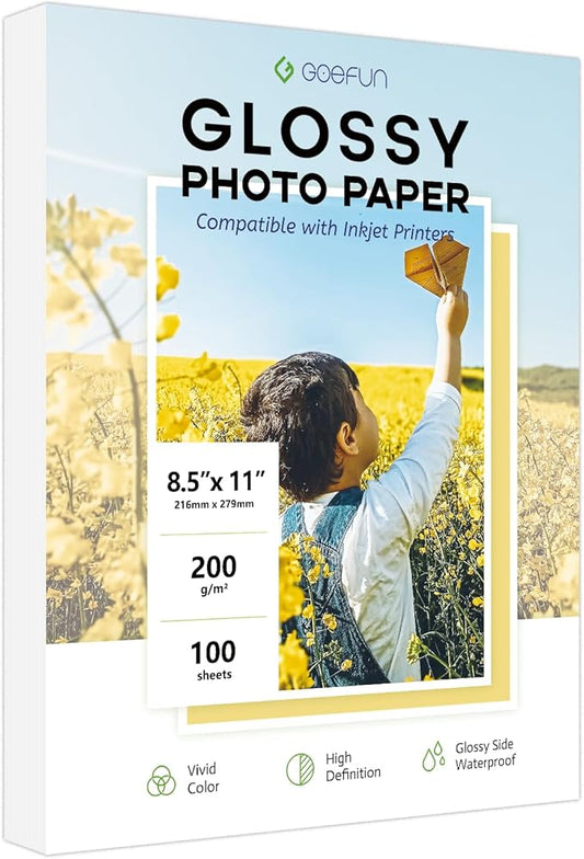 Glossy Photo Paper 8.5x11 Inch, Goefun 200GSM/54LB Inkjet Printer Paper for Dye Ink,100 Sheets