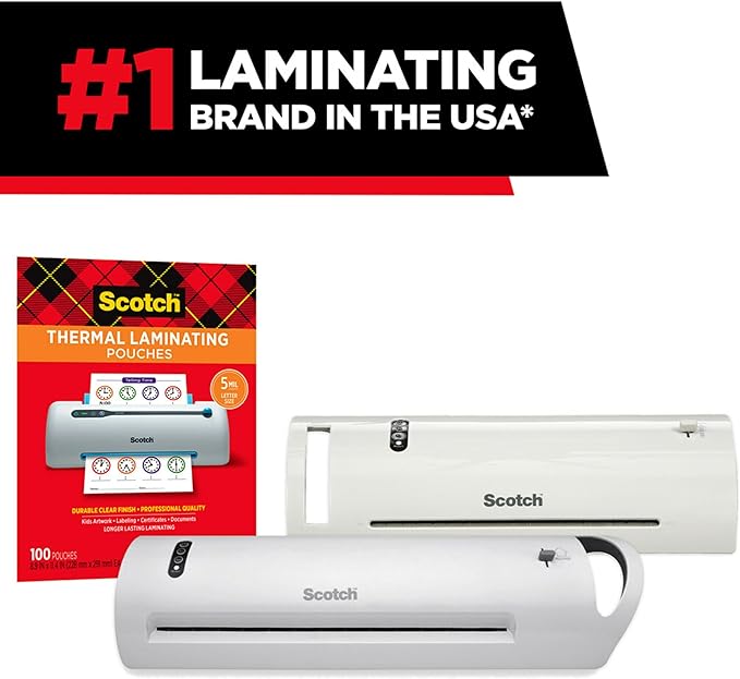 Scotch Thermal Laminating Pouches, 100 Count, Clear, 5 mil, Laminate Business Cards, Small Banners, Essays, Office or School Supplies, Fits Letter Size 8.9x11.4 in Paper