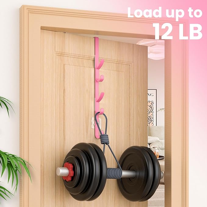 Over The Door Hooks, Metal Door Hooks for Hanging, Over The Door Purse Organizer for Coat Hanger, Back of Shower Door for Hanging Towel Rack Clothes, Hat, Bathroom, Closet (Pink-4Packs)