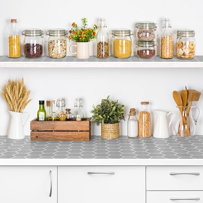 Glotoch Premium Non Slip Shelf Liner 12” X 20 Ft, Non Adhesive Drawer Liner, Waterproof Shelf Paper for Kitchen Cabinets, Drawer, Fridge, Wire Shelving, Pantry, Bathroom-Heavy Duty,Geometric Grey