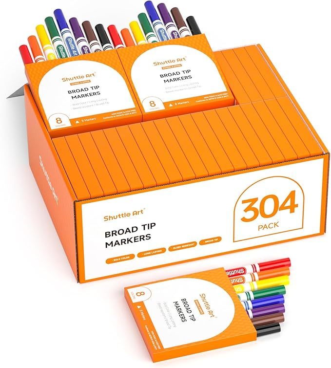 Shuttle Art 304 Pack Washable Markers, 8 Colors Broad Line Markers, Separate Pack of 38, Conical Tip Marker Bulk with a Box, Home Classroom School Supplies for Toddlers Kids Adults Students Teachers