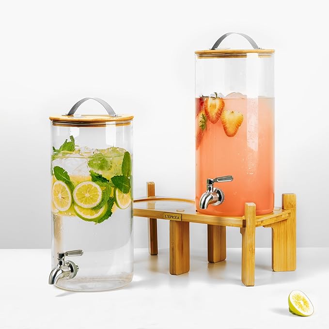L'ÉPICÉA 1.5 Gallon Drink Dispenser for Parties 2 PCS, Beverage Dispenser Set of 2, Glass Drink Dispensers with Wood Stand, Large Drink Dispenser with Stainless Steel Spigot 100% Leakproof, Wood Lid.