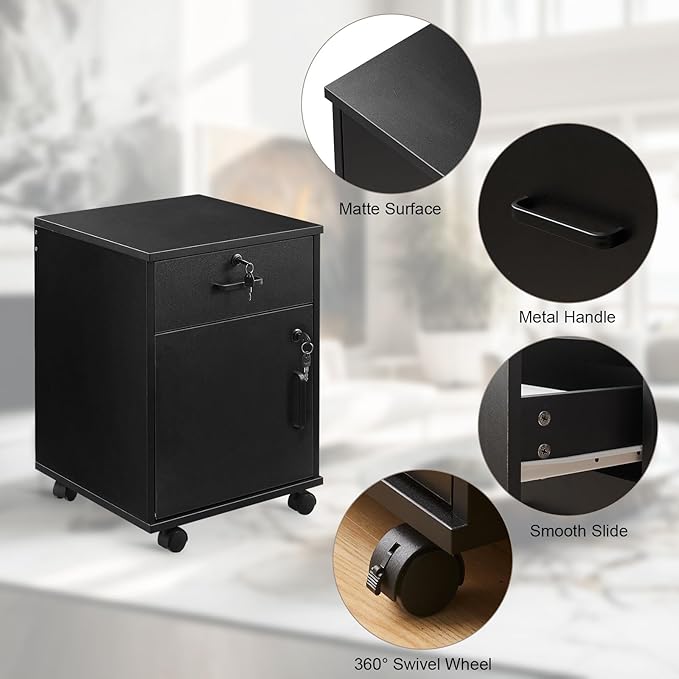 File Cabinet with Lock and Drawer, Mobile Under Desk Storage Cabinet with 360° Swivel Wheels, Wooden Filing Cabinet File Organizer for Legal/Letter/A4 Documents, Home Office Filing Cart (Black)