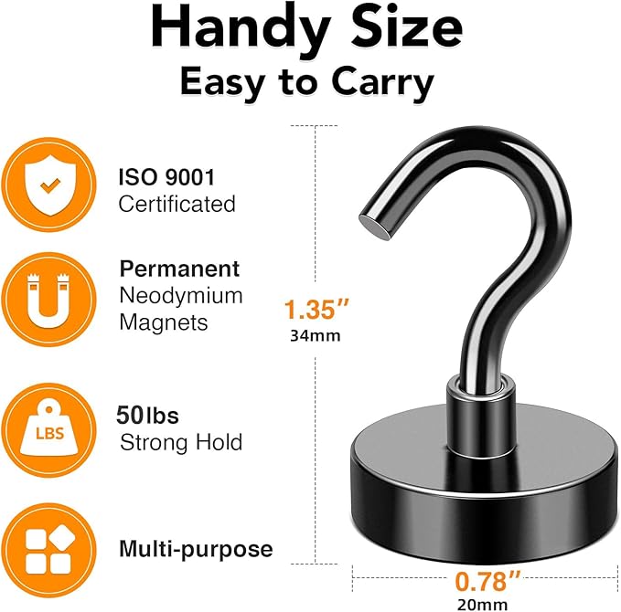 MIKEDE Magnetic Hooks, 50Lbs Strong Neodymium Black Magnet Hook for Hanging, Heavy Duty Magnetic Hooks Classroom Must Have, Magnet with Hooks for Home, Kitchen, Workplace, School - Pack of 10