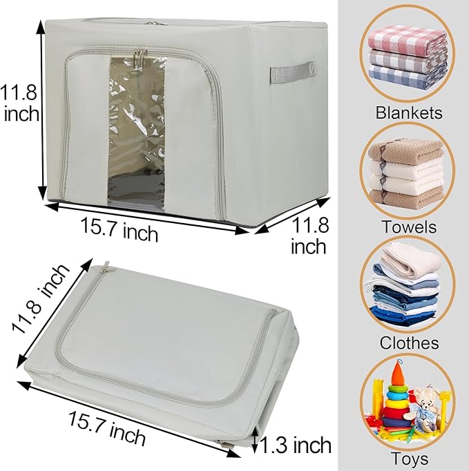 36L Clothes Storage Bins with Metal Frame, 3 Pcs Stackable Clothing Storage Boxes Containers with Lids, Foldable Oxford Fabric Clothes Organizer Bags Closet Organizers Organizing Bin for Sheet