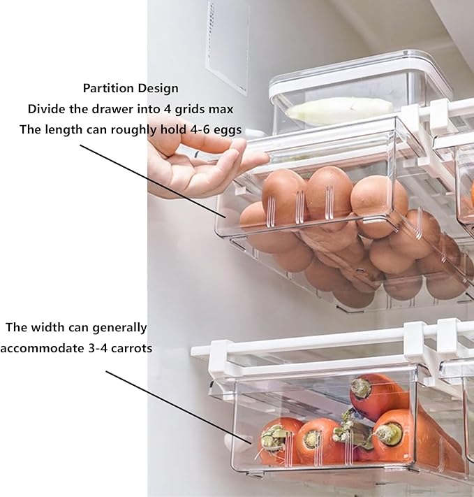 YekouMax Fridge Drawer Organizer, Refrigerator Organizer Bins, Pull Out with Handle, Fridge Shelf Holder Storage Box, Clear Container for Food,Drinks,Fit for Fridge Shelf Under 0.6" (2 Pack Medium)