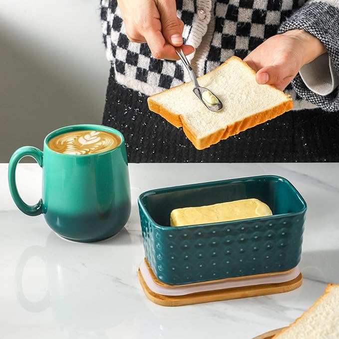 Hasense Ceramic Butter Dish with Lid, Large Butter Container for Countertop Airtight Butter Stick Covered Keeper, Embossed Pattern,Easy Clean Dishwasher Safe, Green
