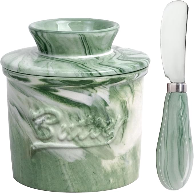 Ceramic Butter Crock with Lid & Spreader Knife, Butter Keeper - Ideal Butter Storage & Countertop Butter Dish (Marble Green with Marble Green Knife, M)