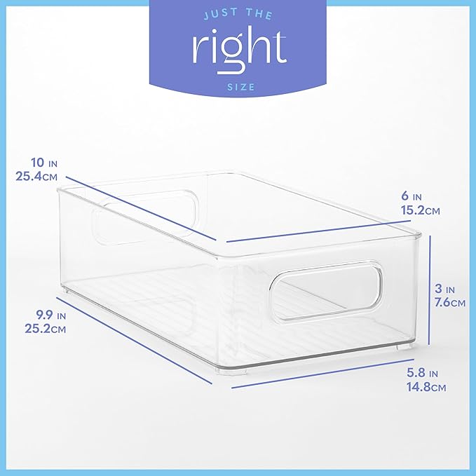 primebox 2 Pack Clear Plastic Organizing Container with Integraged Handles for Home Organization for Kitchen, Pantry, Fridge, Freezer, Cabinet,Bathroom, Playroom, Stackable. 10"x6"x3"