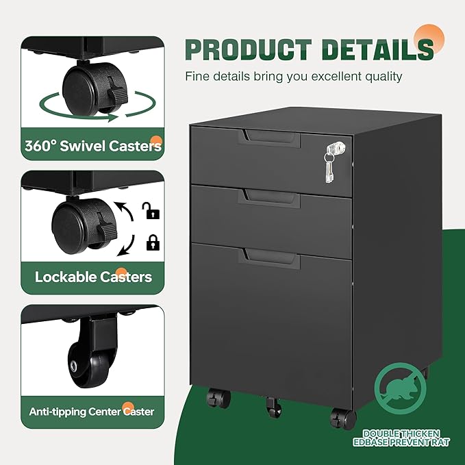 Letaya 3 Drawer Mobile File Cabinet with Lock,Under Desk Metal Small Filing Cabinets for Home Office Organizer Letters/Legal/A4(Fully Assembled Except Wheels-Black)