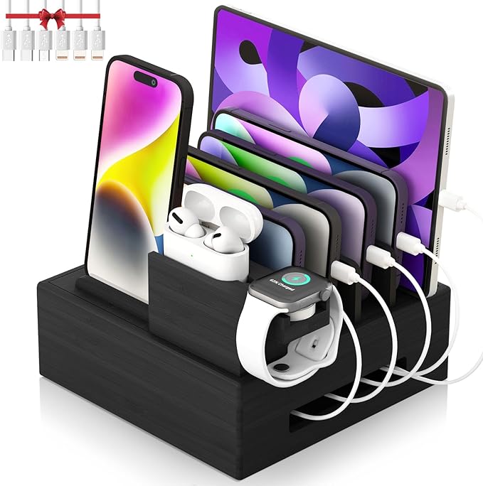 Bamboo Charging Station for Multiple Devices - Darfoo Family Charging Station with 7 USB Ports and 1 Stand for Watch-Earbud, 7 Short Charging Cables, Black