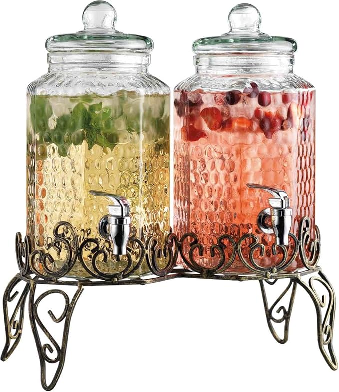Classic Hammered Glass Beverage Dispenser with Elegant Stand (Set of 2), 1 Gallon Glass Drink Dispenser with Stand & Spigot, Party Drink Dispensers for Lemonade, Punch, Water, Juice