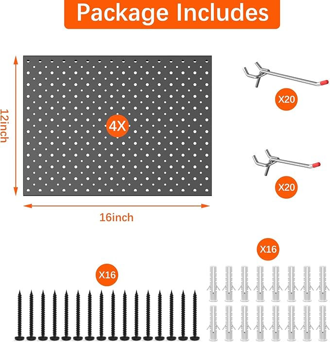 TORACK Metal Pegboard Panels and Hooks for Garage, Workbench, Shop, Shed Tool Organizer Peg Board with 1/8" & 1/4" Holes, Modular Wall-Mounted Pegboard with Pegboard Hooks(Black)