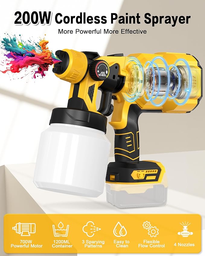 200W Cordless Airless Paint Sprayer for Dewalt 20V MAX Battery, Electric HVLP Spray Paint Gun with 1200ML Container, 4 Copper Nozzles,3 Patterns for Fence, Cabinets, Wall etc. (Battery Not Included)