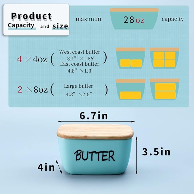 HAOTOP Large Porcelain Butter Dish with Lid Perfect for 4 Sticks of Butter (Turquoise)