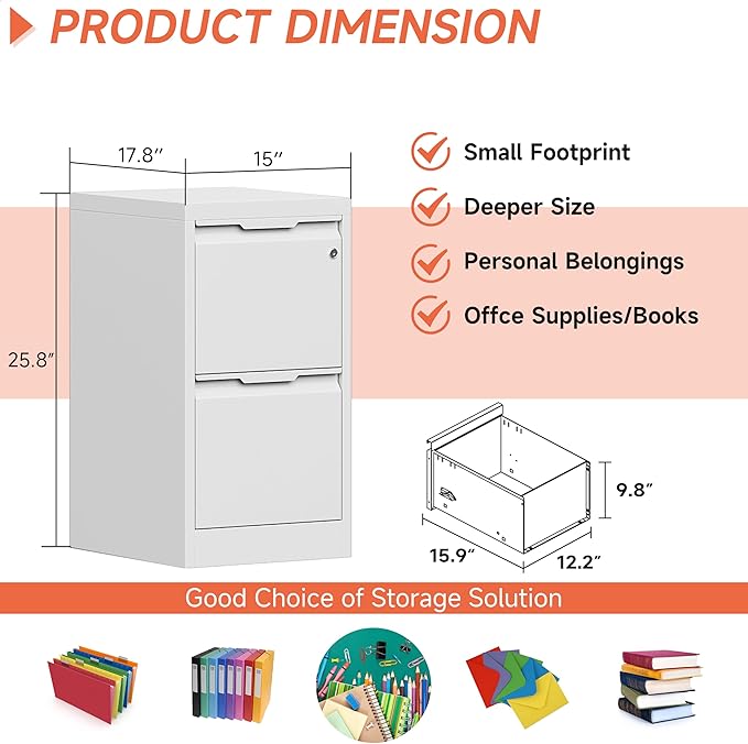 Metal Filing Cabinet with Lock,Vertical File Cabinet 2 Drawer,White File Cabinet with Lock for Home Office/Legal/Letter/A4,Lockable File Cabinets for Hanging File -Assembly Required