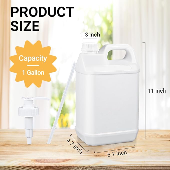 1 Gallon Plastic F-Style Jug (4-Pack) Reusable Food-Safe, Heavy-Duty HDPE Containers for Water, Sauces, Soaps, Detergents, Honey Liquids with Screw-On Cap and Pump Cap (White, 1 Gallon)